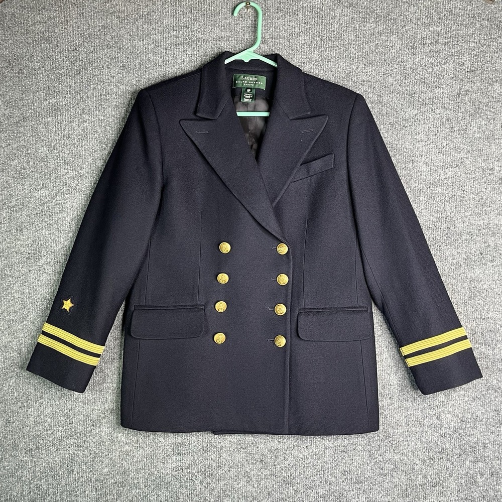 Vintage Lauren Ralph Lauren Double Breasted Blazer Sz 8P Pure Wool Navy Military